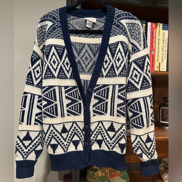 Beldoch Popper Vintage Cotton Cardigan Sweater Geometric Knit USA Made M - Picture 2 of 6